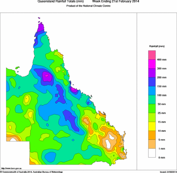 Queensland weekly rainfall 21st February 2014