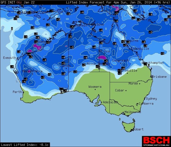 Surface lifted index covering a majfority of Australia!