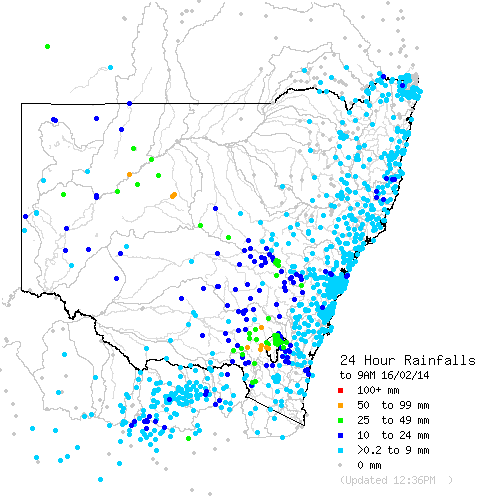 Rainfall Totals across NSW until 9am 16th February 2014