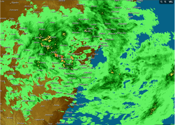 Radar showing widespread rainfall across the greater Sydney region Illawarra and Central Tablelands and lower Hunter Valley