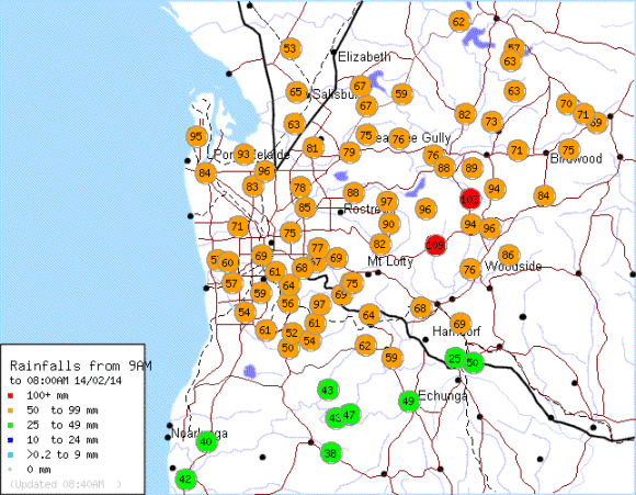 Rainfall Totals Adelaide 14th February 2014 from the previous 24 hours