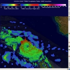 On April 9, the TRMM satellite saw rain falling at a rate of over 99 mm/3.9 inches per hour within Ita's feeder bands over the coast of southeastern Papua New Guinea. Image Credit: NASA/SSAI, Hal Pierce