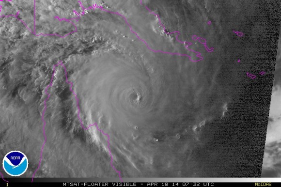 Tropical Cyclone Ita with eye indicating a severe organised tropical cyclone in the Coral Sea approaching Queensland's north coast.