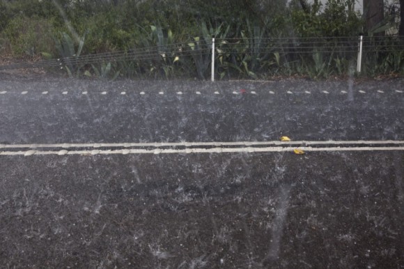 Storm hits with strong winds and hail.