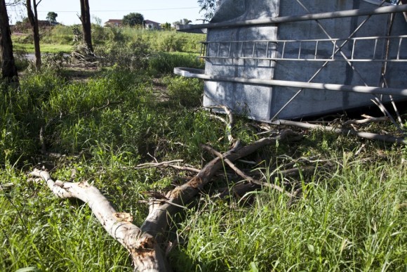 Large silo blown across road 40 metres