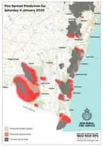 Image may contain: text that says "Fire Spread Prediction for Saturday January 2020 Gosford Katoomba Penrith Sydney Wollongong Mittagong Mittagong Goulburn Wagga Nagga Canberra Ulladulla Albury Batemans Adaminaby Cooma Narooma Jindabyne Bermagui VICTORIA Potential ember attack Potential spread area NSW RURAL FIRE SERVICE Current burnt INFORMATIONLI 1800 NSW RFS www.rf www.rfs.nsw.gov.au"