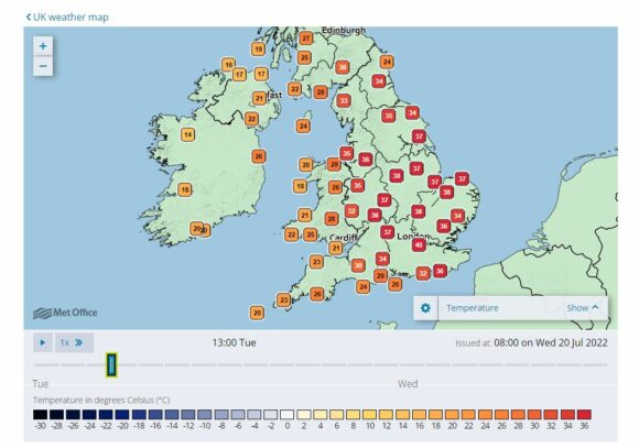 Maximum temperatures per hour Tuesday 1 pm to 6 pm