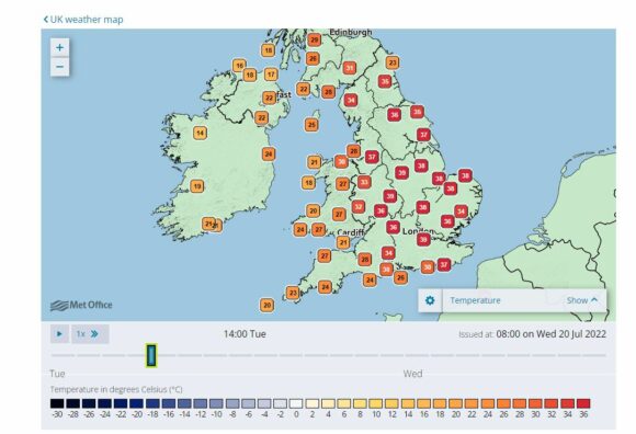 Maximum temperatures per hour Tuesday 1 pm to 6 pm