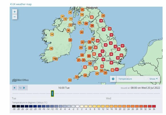 Maximum temperatures per hour Tuesday 1 pm to 6 pm