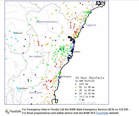 Central Coast rainfall 24 hours to 9 am 4 July 2022 Central Coast rainfall 24 hours 4 July 2022