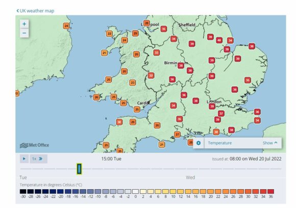 Maximum temperatures per hour Tuesday 1 pm to 6 pm