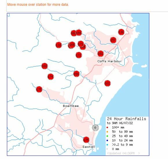 Coffs Harbour 24 rainfall 6 July 2022 Coffs Harbour rainfall to 9 am 6 July 2022