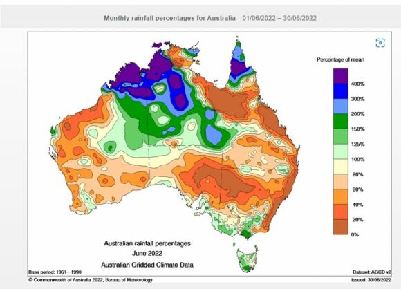 Australian rainfall percentages for June 2022.