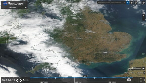 Detailed NASA Worldview image Southern England 19 July 2022