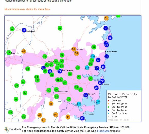 Sydney rainfall 4 July 2022