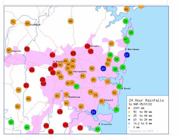 24 Hour rainfall to 9 am for Sydney 5 July 2022 Sydney rainfall to 9 am 5 July 2022