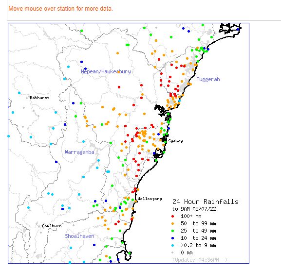 Central coast rainfall to 9 am 5 July 2022