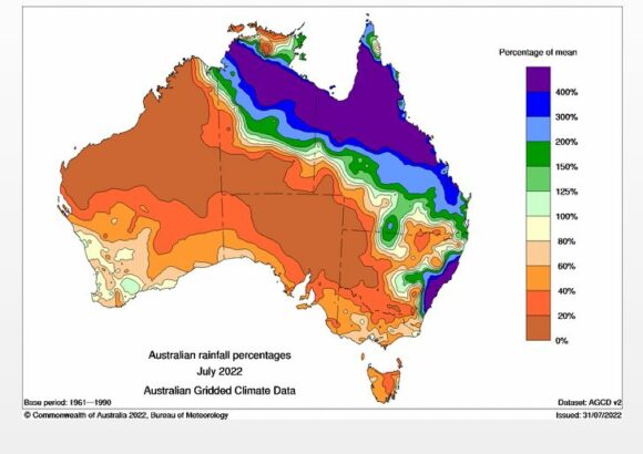 July 2022 rainfall in percentages for Australia
