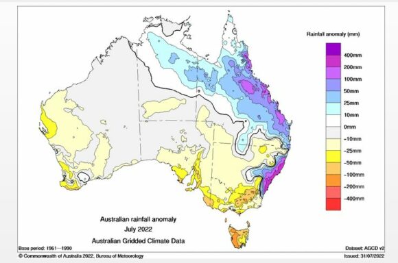 Rainfall anomalies for Australia for July 2022