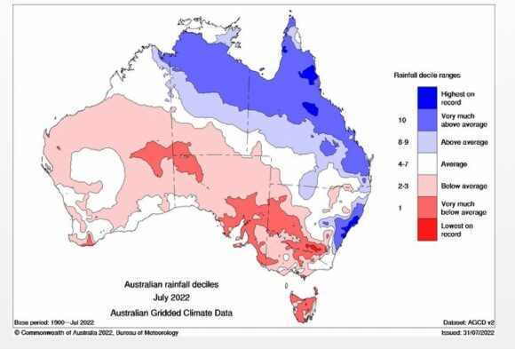 July 2022 rainfall deciles for Australia 