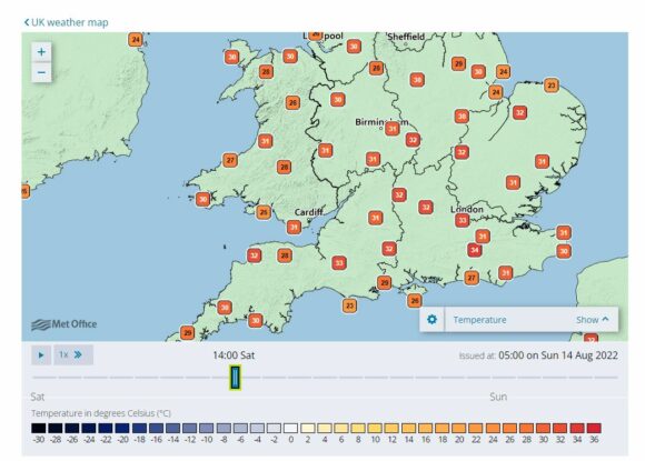 2 pm temperatures for Southern England Saturday 13 August 2022