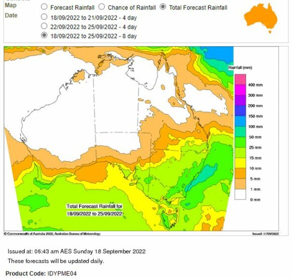 Forecast rainfall for the period 18 to 25 September 2022