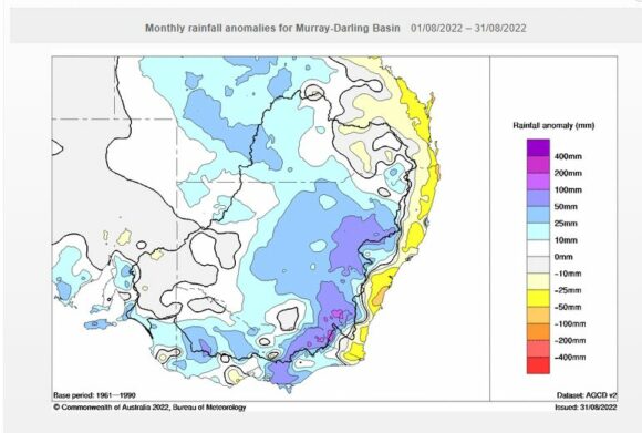 Rainfall anomalies plot for August 2022 SE Australia