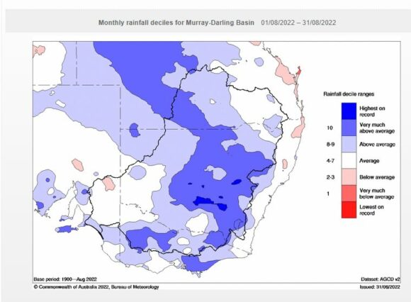Rainfall deciles for August 2022 across SE Australia