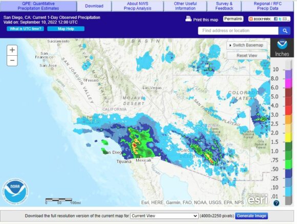 Rainfall plot for Southern California from Tropical Storm Kay