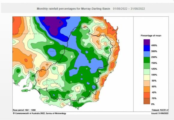 Rainfall percentages across SE Australia August 2022
