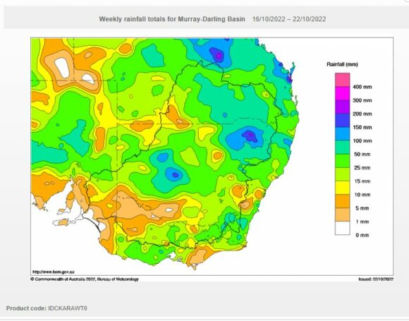 Weekly rainfall totals for the Murray Darling Basin ending 22/10/2022