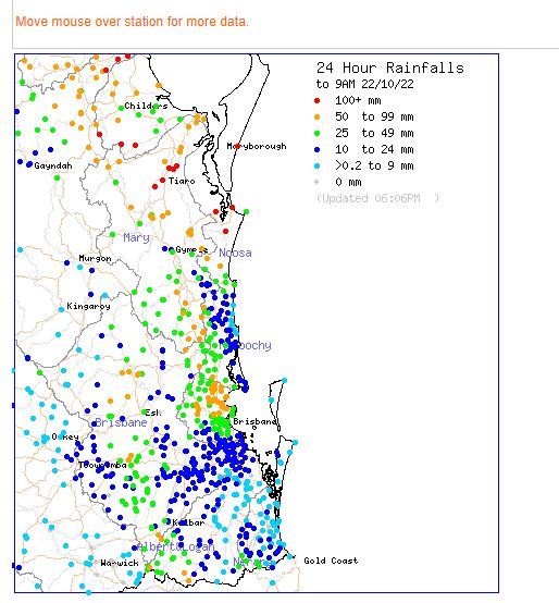 Rainfall for Sunshine Coast Queensland to 9 am 22/10/22