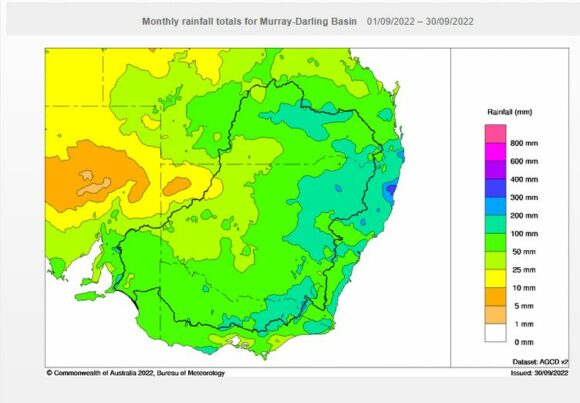 Monthly rainfall total for the Murray Darling for September 2022