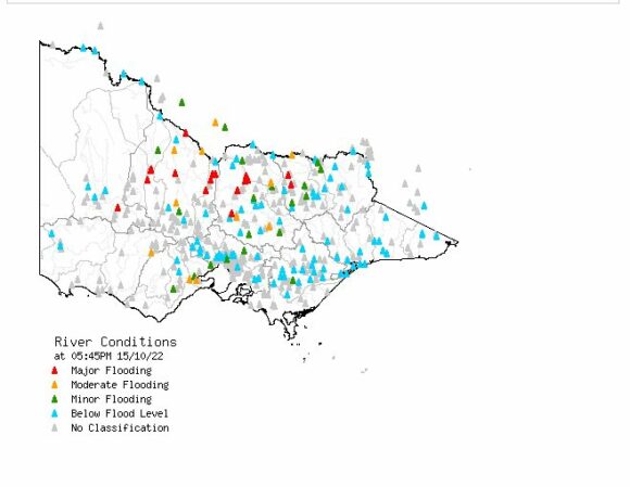 Rivers in Victoria currently in flood from the rain event