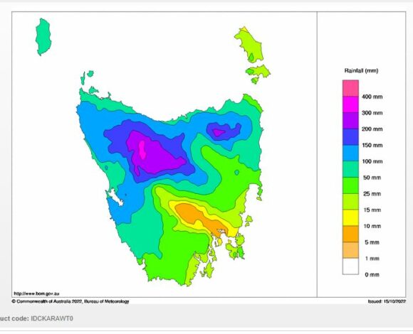 Weekly rainfall totals for Tasmania ending Saturday 14 October 2022.