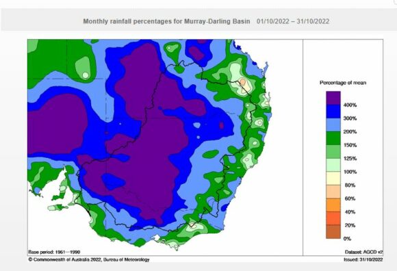 Rainfall percentages for SE Australia October 2022