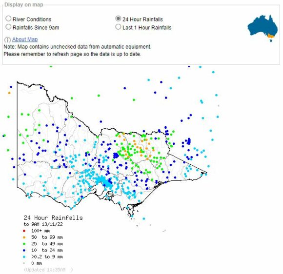 Victoria Rainfall for the 24 hours to 9 am 13 November 2022