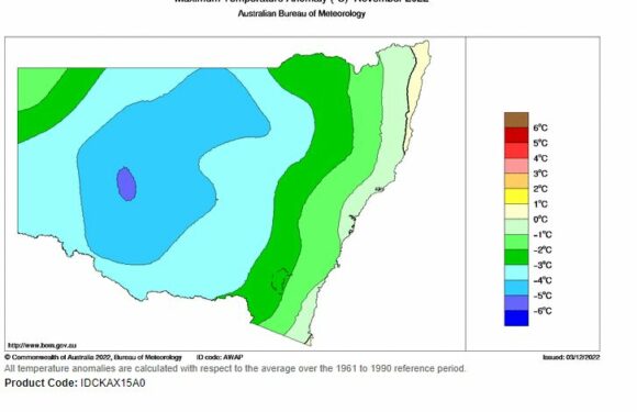 Maximum temperature anomaly for NSW November 2022