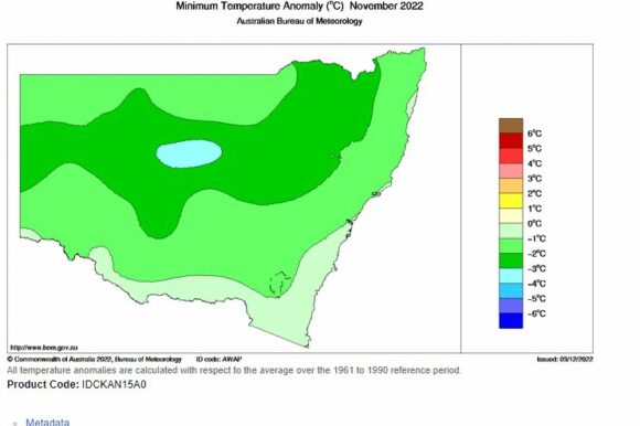Minimum temperature anomaly for NSW November 2022 Minimum temperature anomaly for NSW November 2022