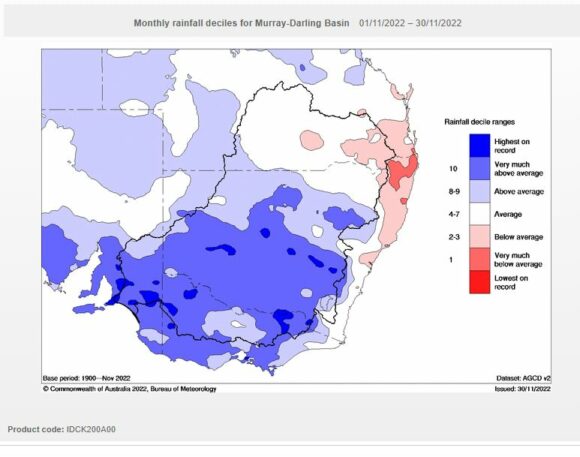 Rainfall deciles for southern Australia November 2022