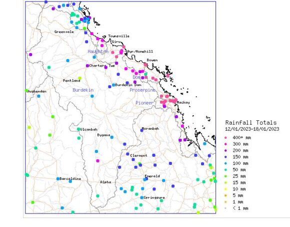 Cumulative 7 day rainfall NE Queensland 12 to the 18 January 2023