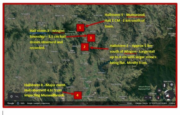 Google Earth plot showing hailstorm intercepts Hunter Valley 4 January 2023