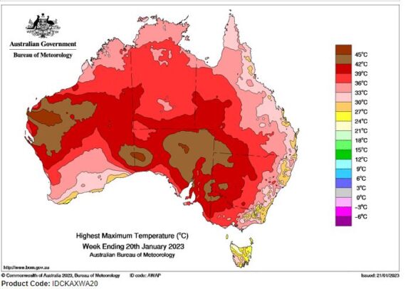 Highest maximum temperature for Australia for week ending 20 January 2023