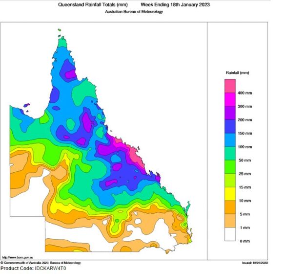 Cumulative rainfall plot for NE Queensland for week ending 18 January 2023