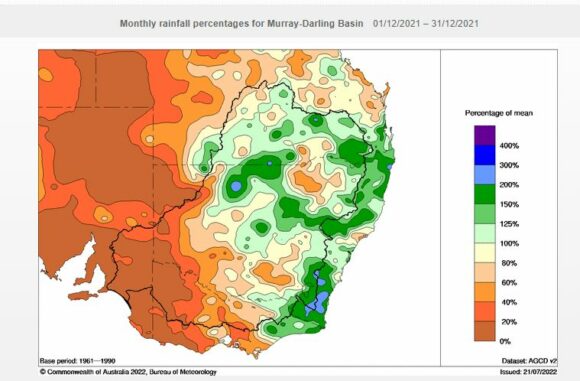 Monthly Rainfall percentages for SE Australia December 2022