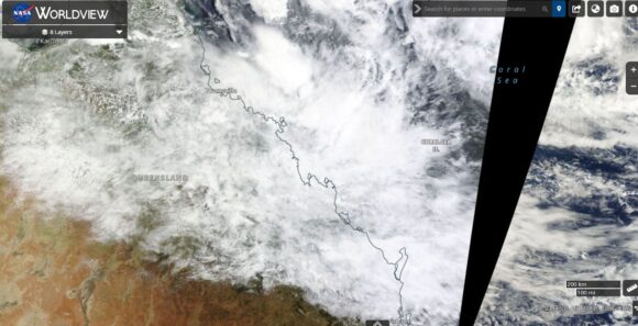 NASA Worldview Image of NE Queensland under cloud January 2023
