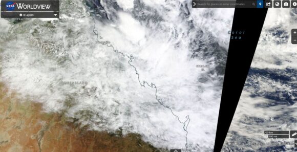 Satellite image of NE Queensland with flooding rains Townsville to Mackay NASA Worldview Image of NE Queensland under cloud January 2023
