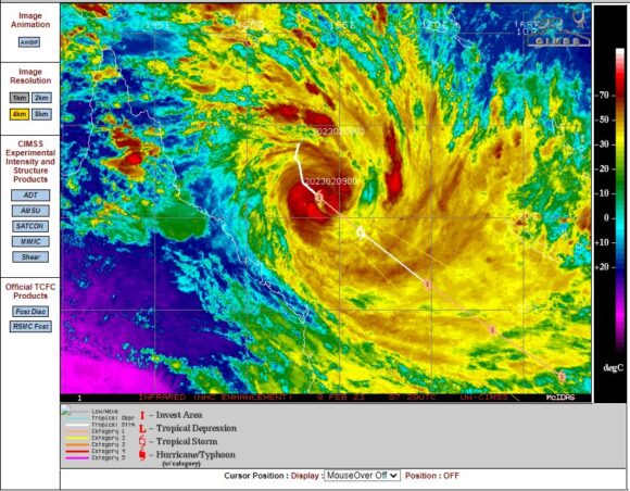 CIMSS infra red image of Tropical Cyclone Gabrielle Thursday 9 February 2023.