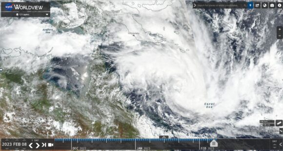 NASA Worldview image of Tropical Cyclone Freddy as at Wednesday 8 February 2023.