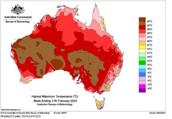 Maximum temperature plots for Australia Week ending Saturday 18 February 2023.